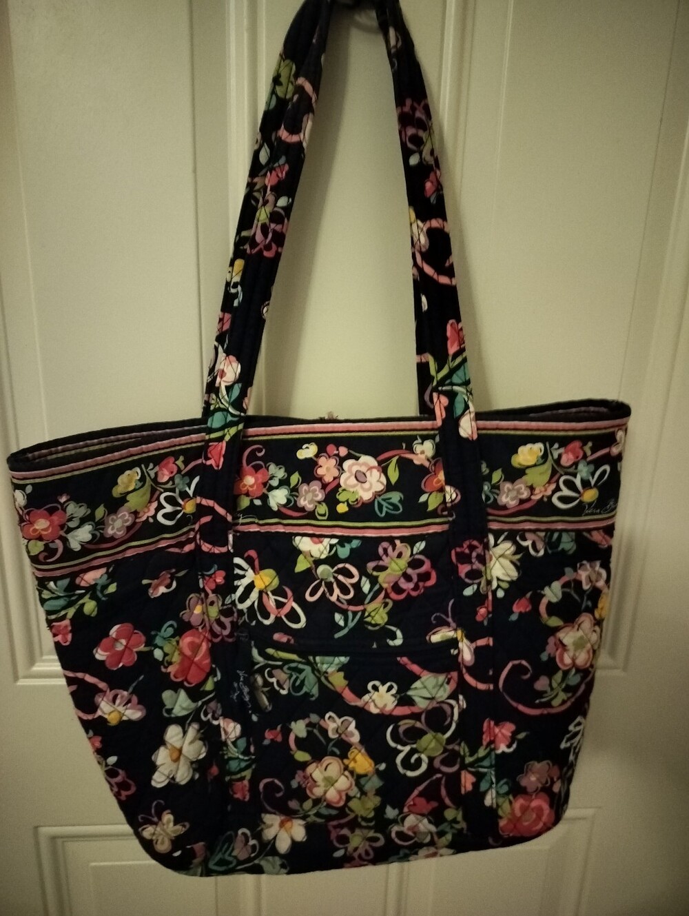 Quilted Floral Navy Tote Bag - Women's Shoulder Handbag